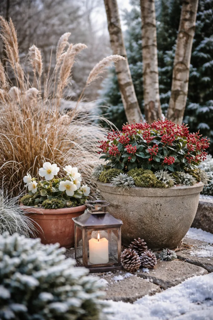 Moderner Garten im Winter - 5 schöne Deko-Ideen ohne Kitsch Moderne Winterdeko mit Gräsern, Skimmie und Christrosen im Garten