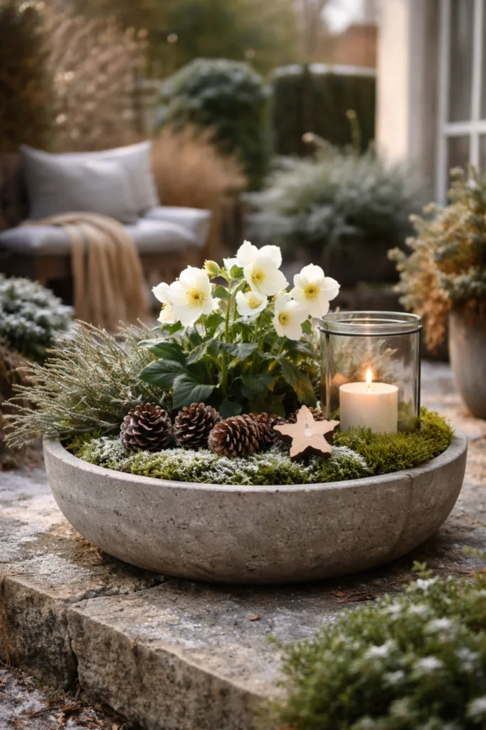 Moderner Garten im Winter - 5 schöne Deko-Ideen ohne Kitsch Betonschale mit Christrose und Moos als moderne Winterdeko im Garten