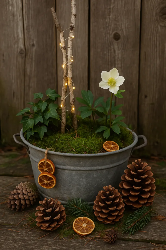 Zinkwanne mit Moos, Ästen, Zapfen und Lichterkette als Winterdeko im Hinterhof