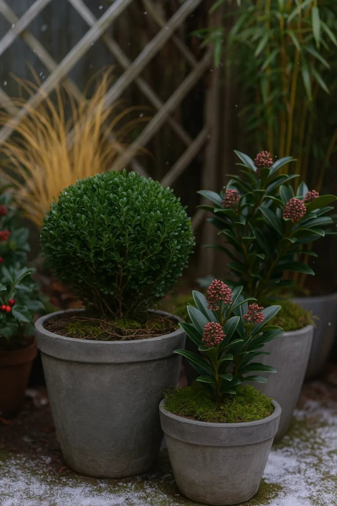 Winterdeko im Hinterhof mit immergrünen Pflanzen in frostfesten Töpfen