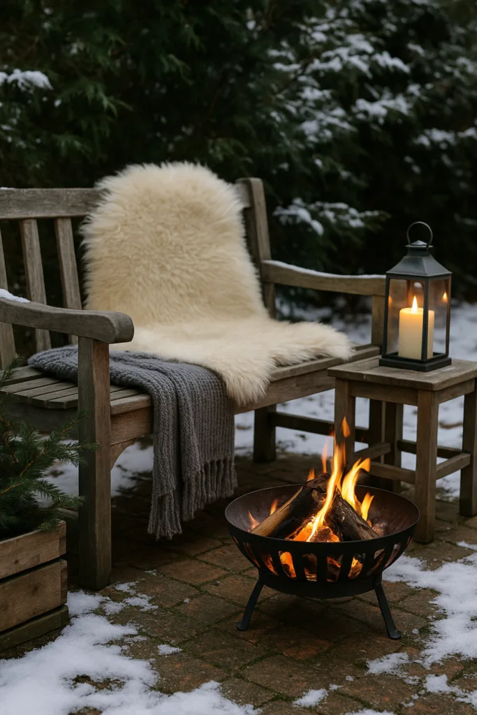 Winterdeko im Hinterhof mit Holzbank, Feuerstelle, Laterne und Decke