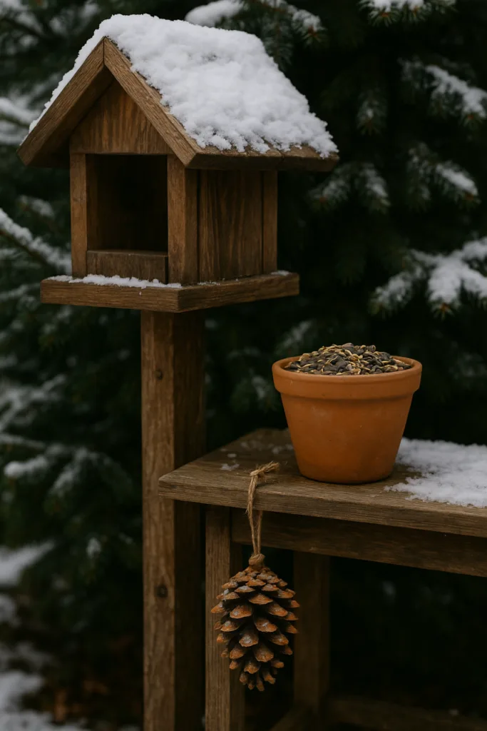 Rustikales Vogelhaus mit Schnee und Futterstelle als Winterdeko im Hinterhof