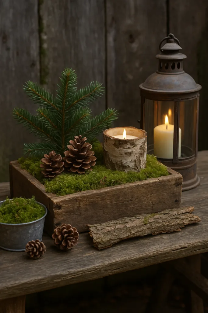 Rustikale Winterdeko im Hof mit Moos, Zapfen, Kerze und Laterne