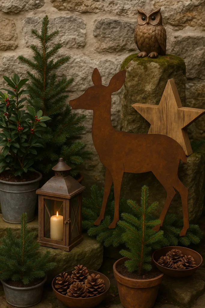 Winterdeko im Hof mit Rehfigur, Laterne, Tannenzweigen und Zapfen
