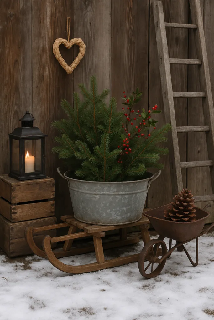Winterdeko im Hof mit Zinkwanne, Tannenzweigen, Laterne und Holzleiter