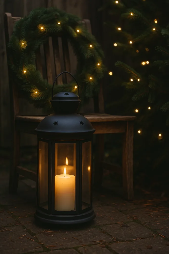 Laterne mit Kerze und Lichterkette als Winterdeko im Hof