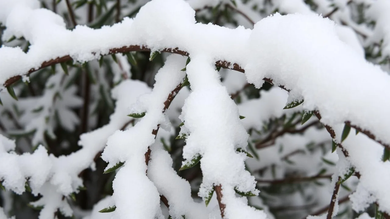 Verschneite Pflanze im Garten – diese Pflanzen im Dezember vom Schnee befreien.