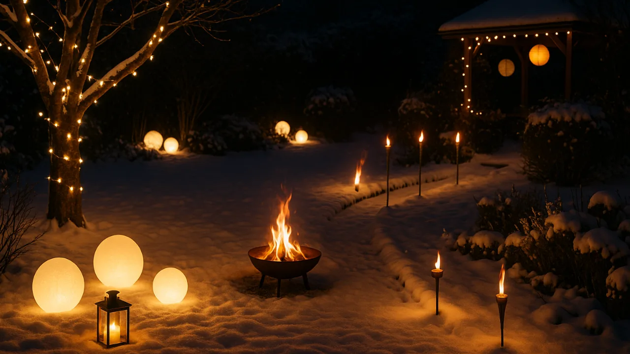Winterlicher Garten mit Lichterketten, Fackeln und Feuerstelle an Silvester