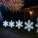 Leuchtende Schneeflocken am Rand einer Einfahrt mit Feuerwerk im Hintergrund – festliche Silvesterdeko.