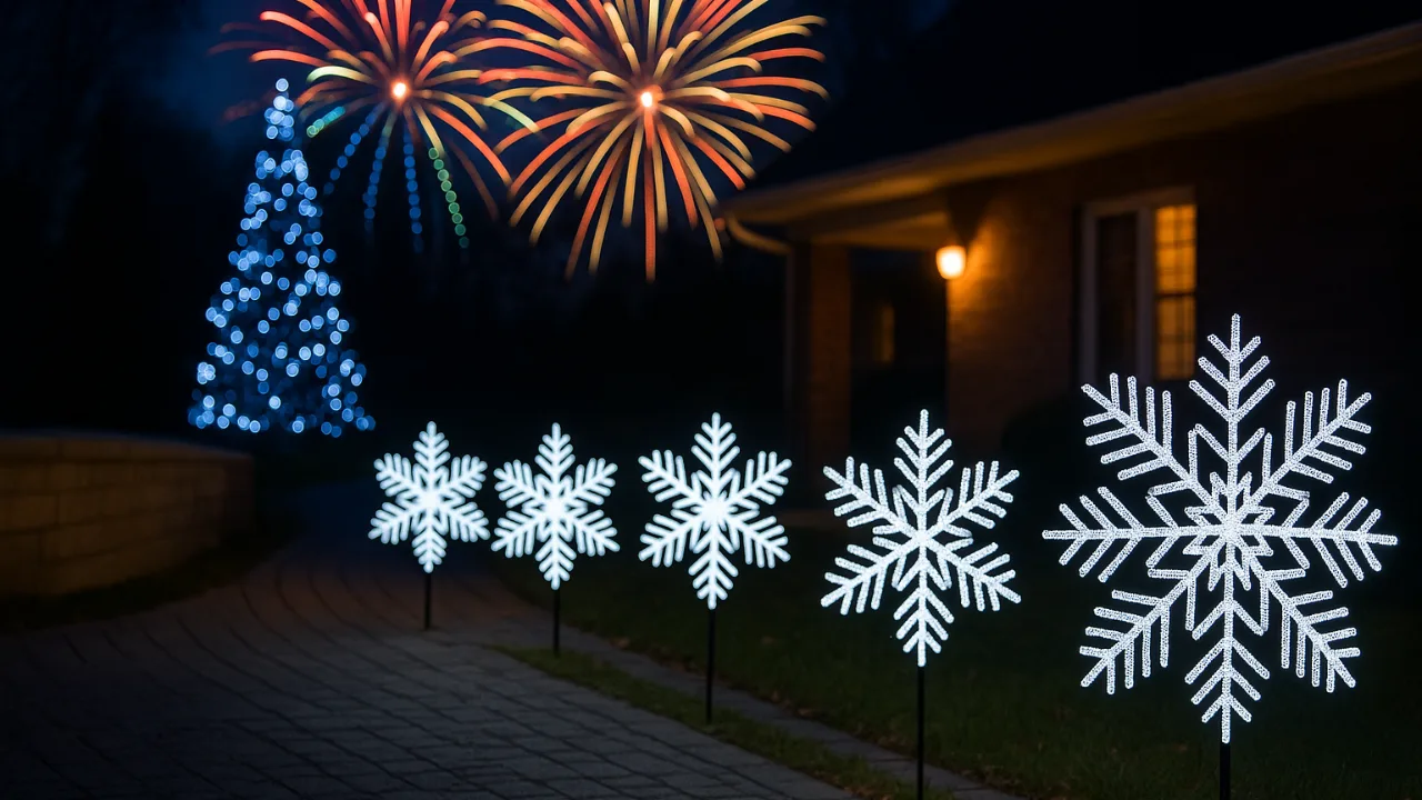 Leuchtende Schneeflocken am Rand einer Einfahrt mit Feuerwerk im Hintergrund – festliche Silvesterdeko.