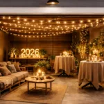 Silvesterparty in der Garage mit Lichterketten, Pflanzen, Lounge-Möbeln und warmer, festlicher Dekoration für 2026