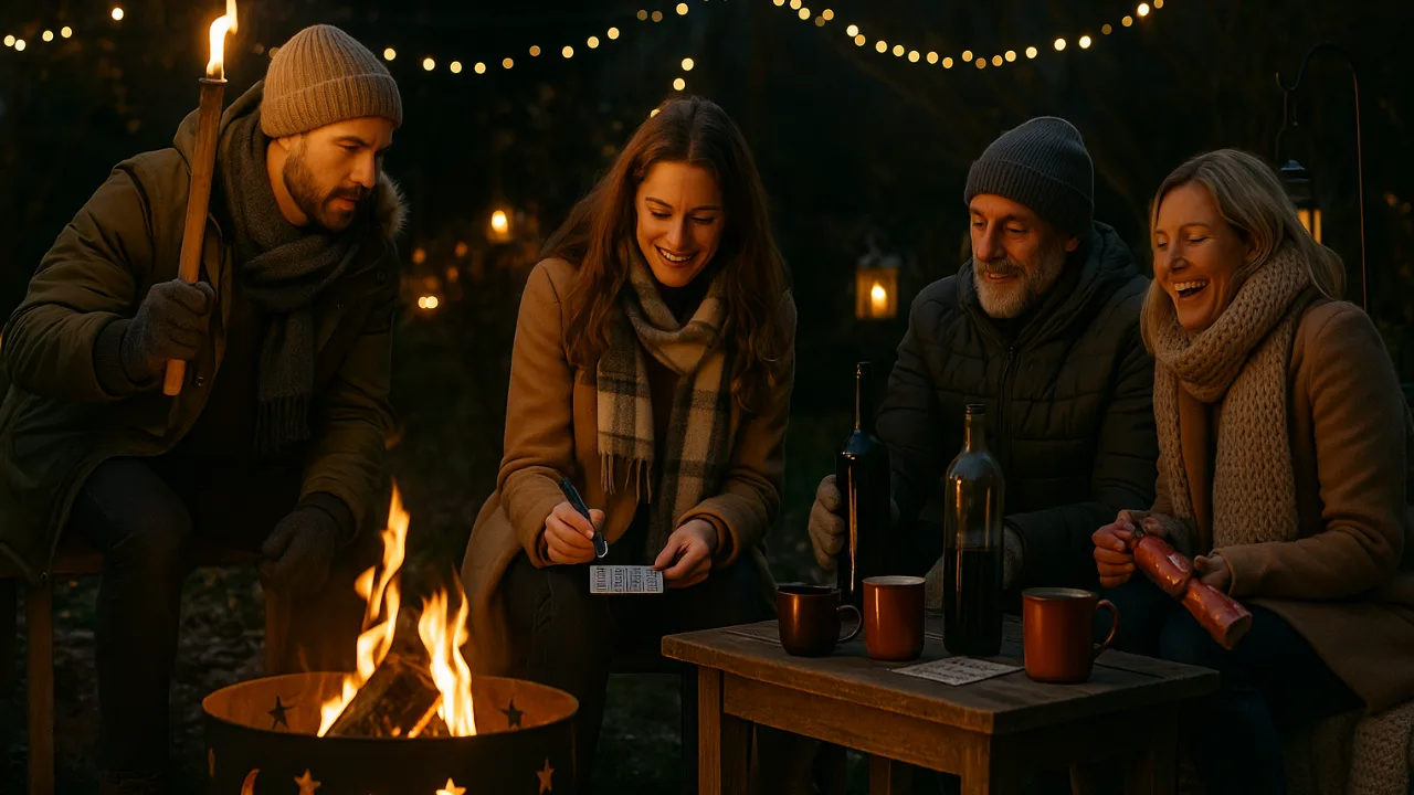 Freunde feiern Silvester im Garten mit Feuerkorb, Spielen und Lichterketten