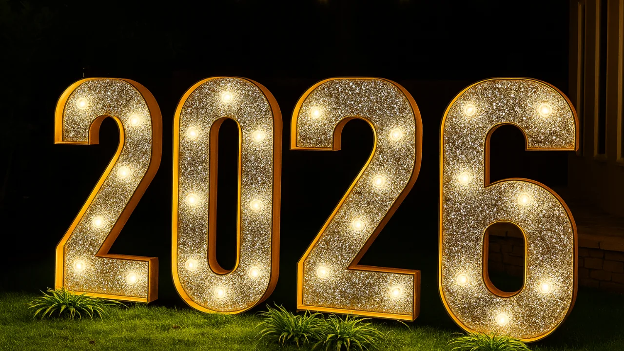 Große leuchtende Jahreszahlen 2026 als Silvesterdeko für den Außenbereich im Garten bei Nacht