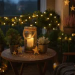 Festlich beleuchteter Balkon mit Lichterketten, Pflanzen und gemütlicher Silvesterdeko