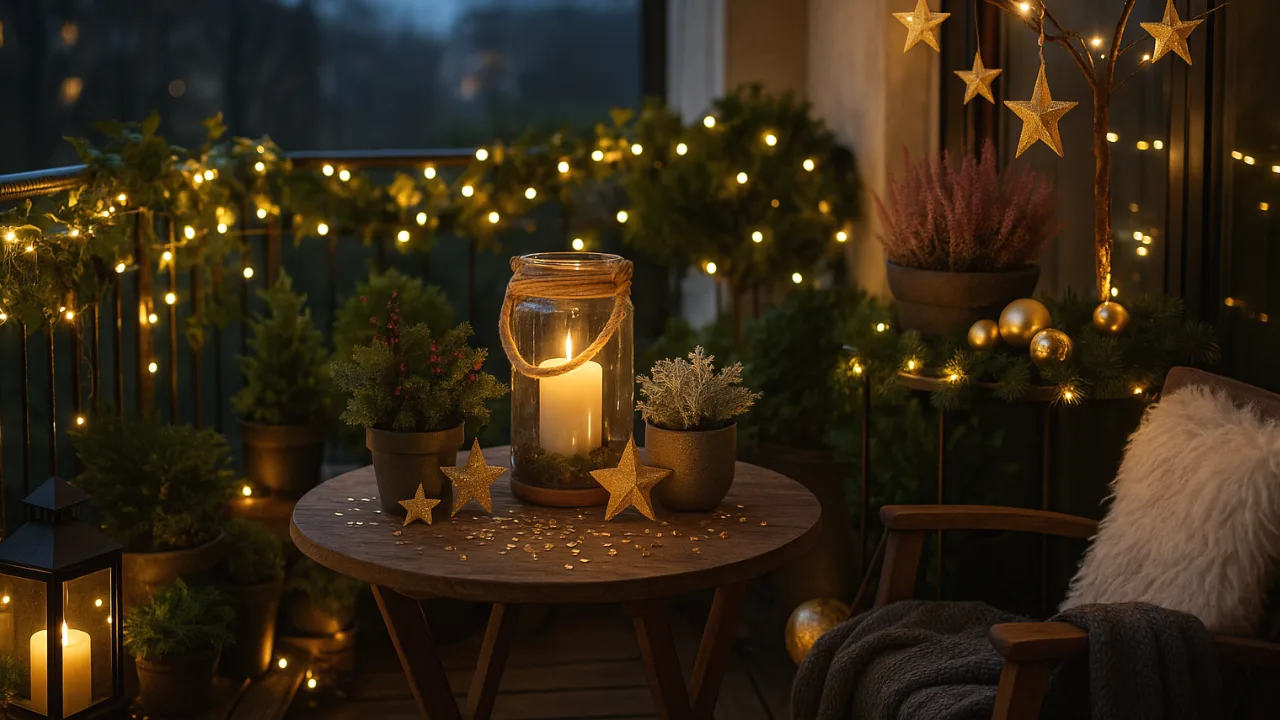 Festlich beleuchteter Balkon mit Lichterketten, Pflanzen und gemütlicher Silvesterdeko