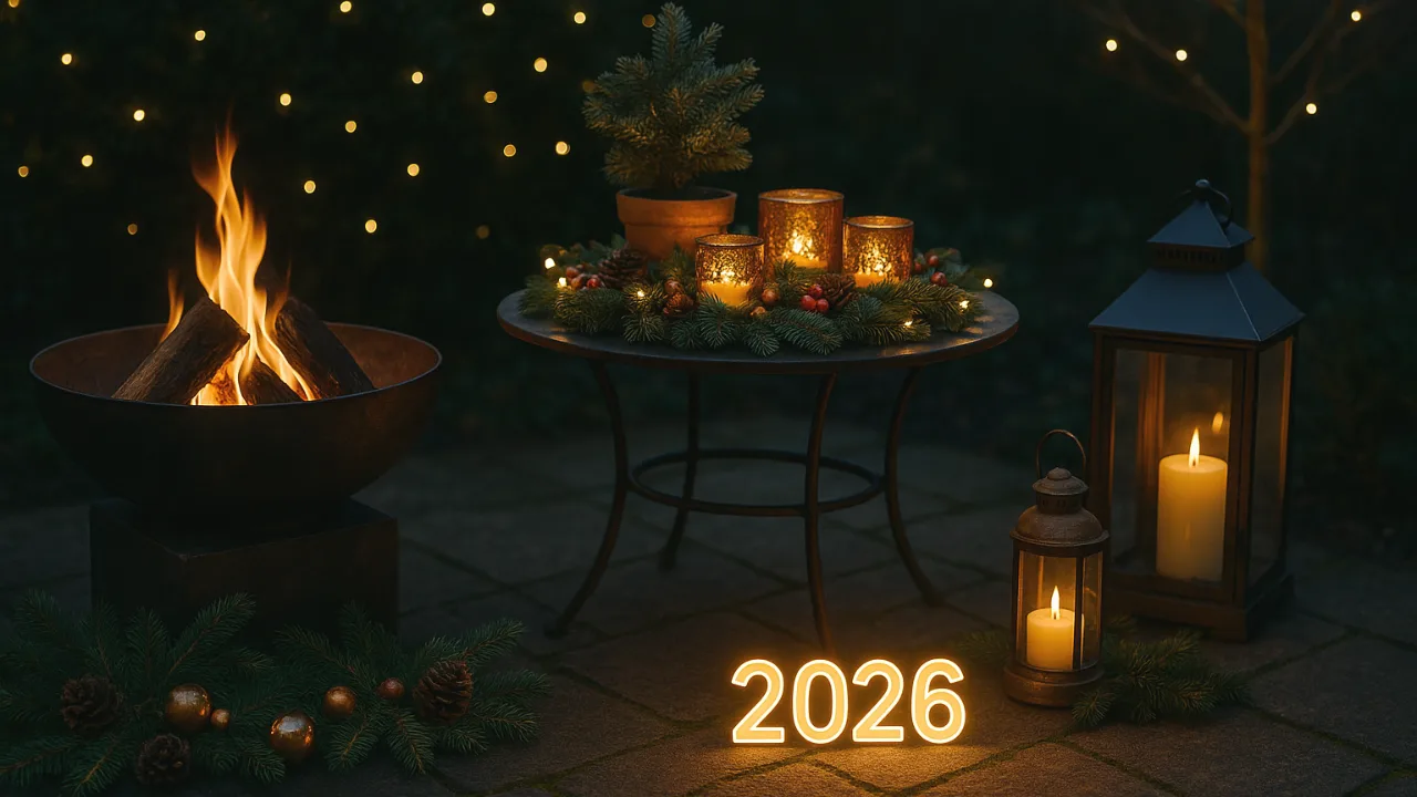 Stimmungsvolle Silvesterdeko für draußen mit Feuer, Laternen und leuchtender 2026 im Garten