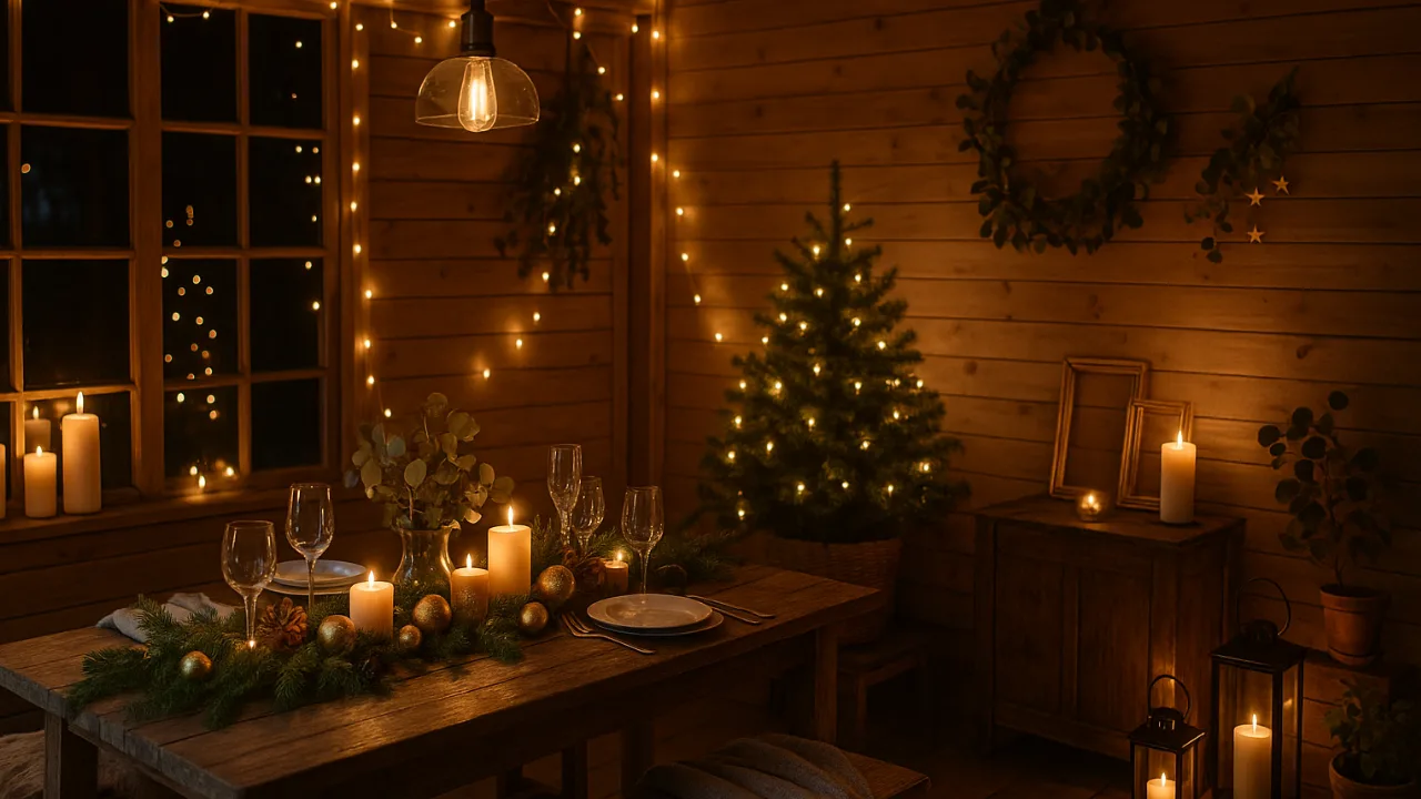 Festlich dekoriertes Gartenhaus mit Lichterketten und Kerzen zur Silvesterparty