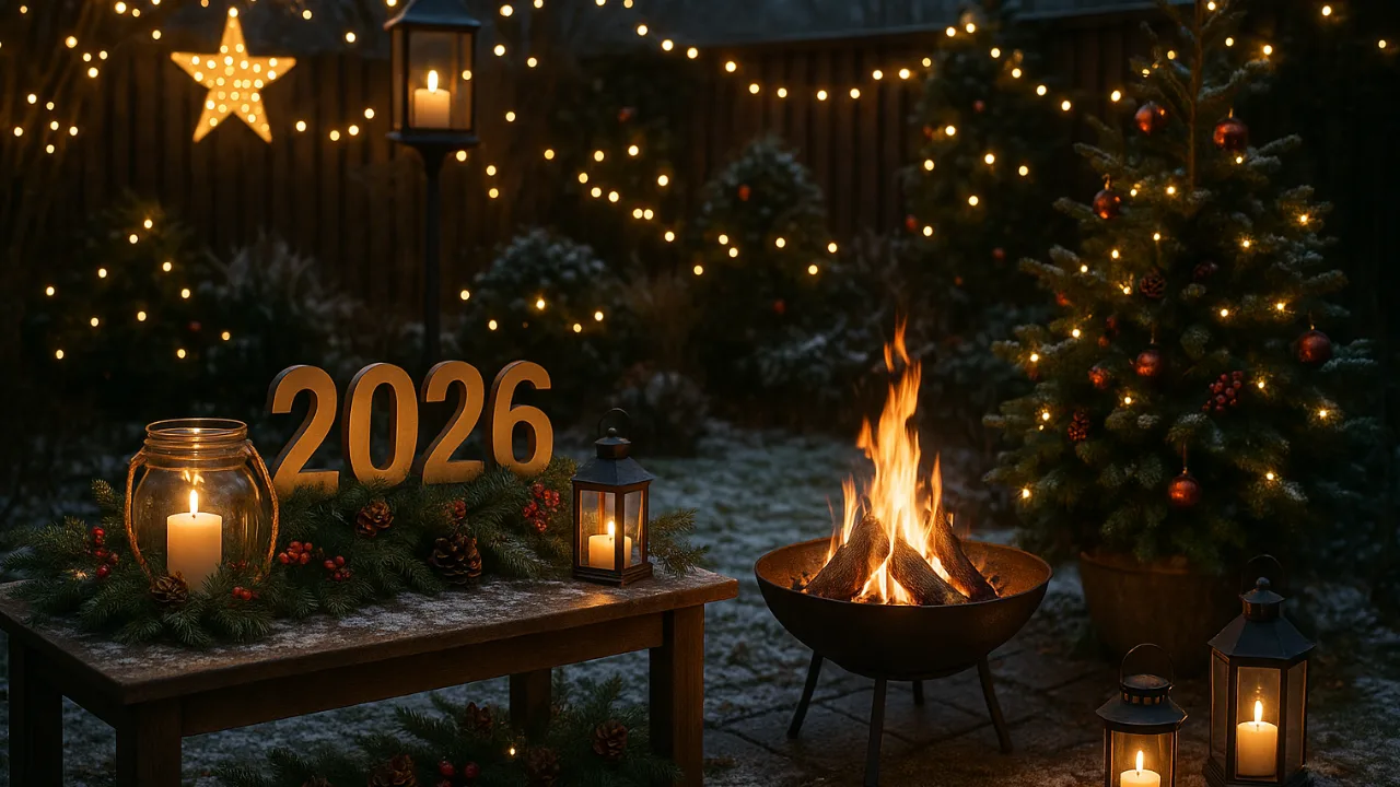 Silvesterdeko im Reihenhausgarten mit Lichterketten, Feuerstelle und Winterstimmung 2026