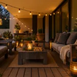 Festlich beleuchtete Terrasse mit winterlicher Silvesterdeko, Pflanzen und Kerzen