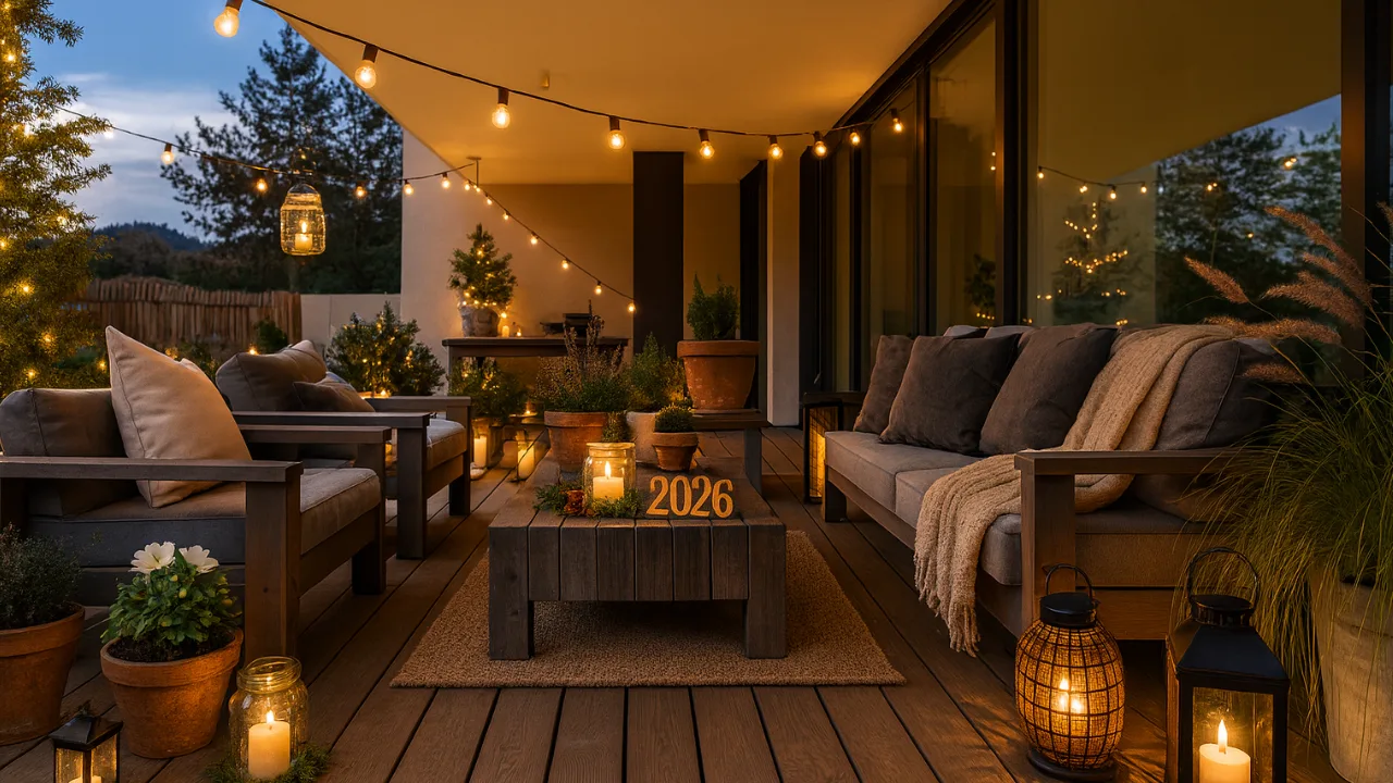 Festlich beleuchtete Terrasse mit winterlicher Silvesterdeko, Pflanzen und Kerzen
