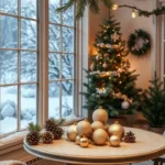 Weihnachtsdeko für den Wintergarten mit Tannenzweigen, Lichterkette und festlich geschmücktem Weihnachtsbaum.