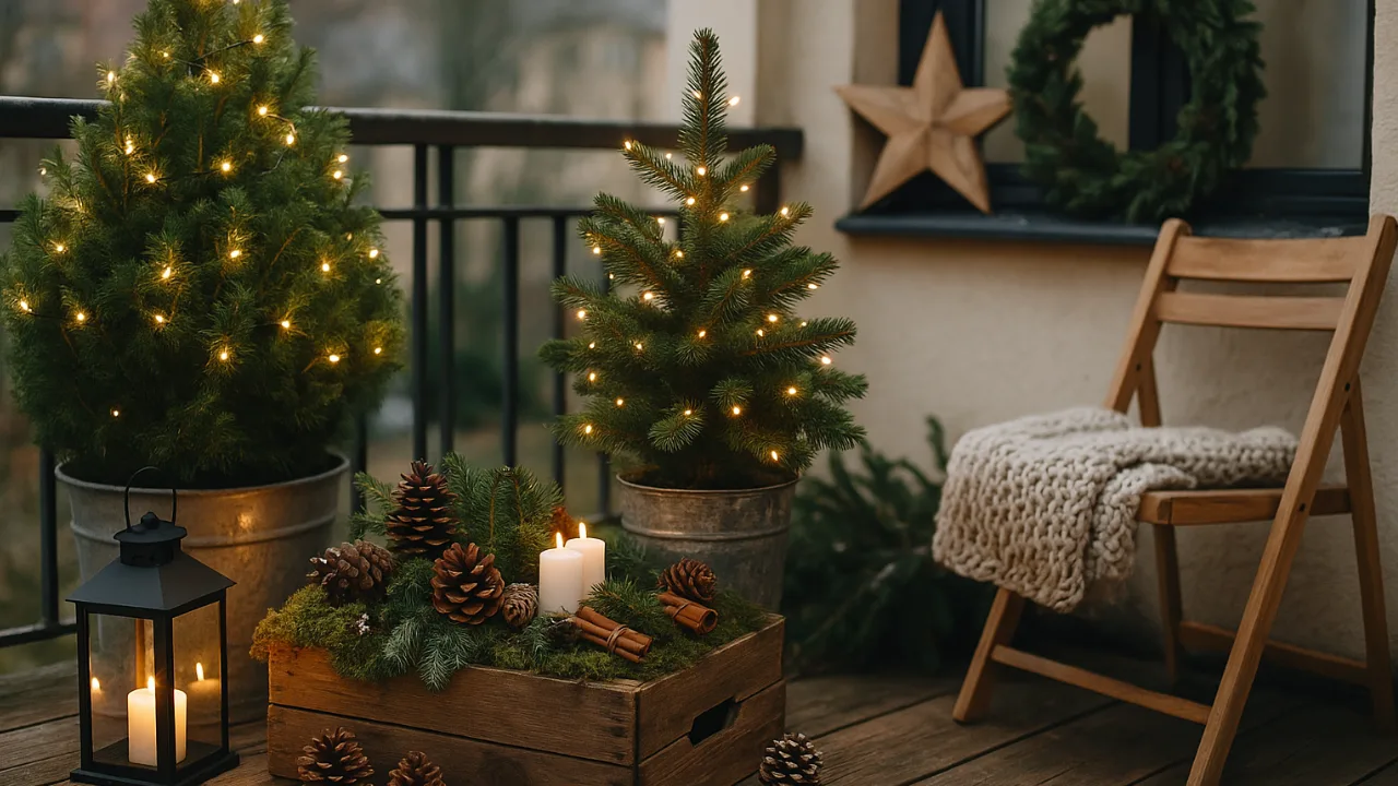 Weihnachtsdeko für den Balkon – 5 schöne Ideen mit echtem Wow-Effekt Weihnachtsdeko auf dem Balkon mit Lichterketten, Tannenbäumen und Kerzen im Winter