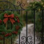 Weihnachtsdeko am Gartentor mit Kranz, Zweigen und Lichterkette im Wintergarten