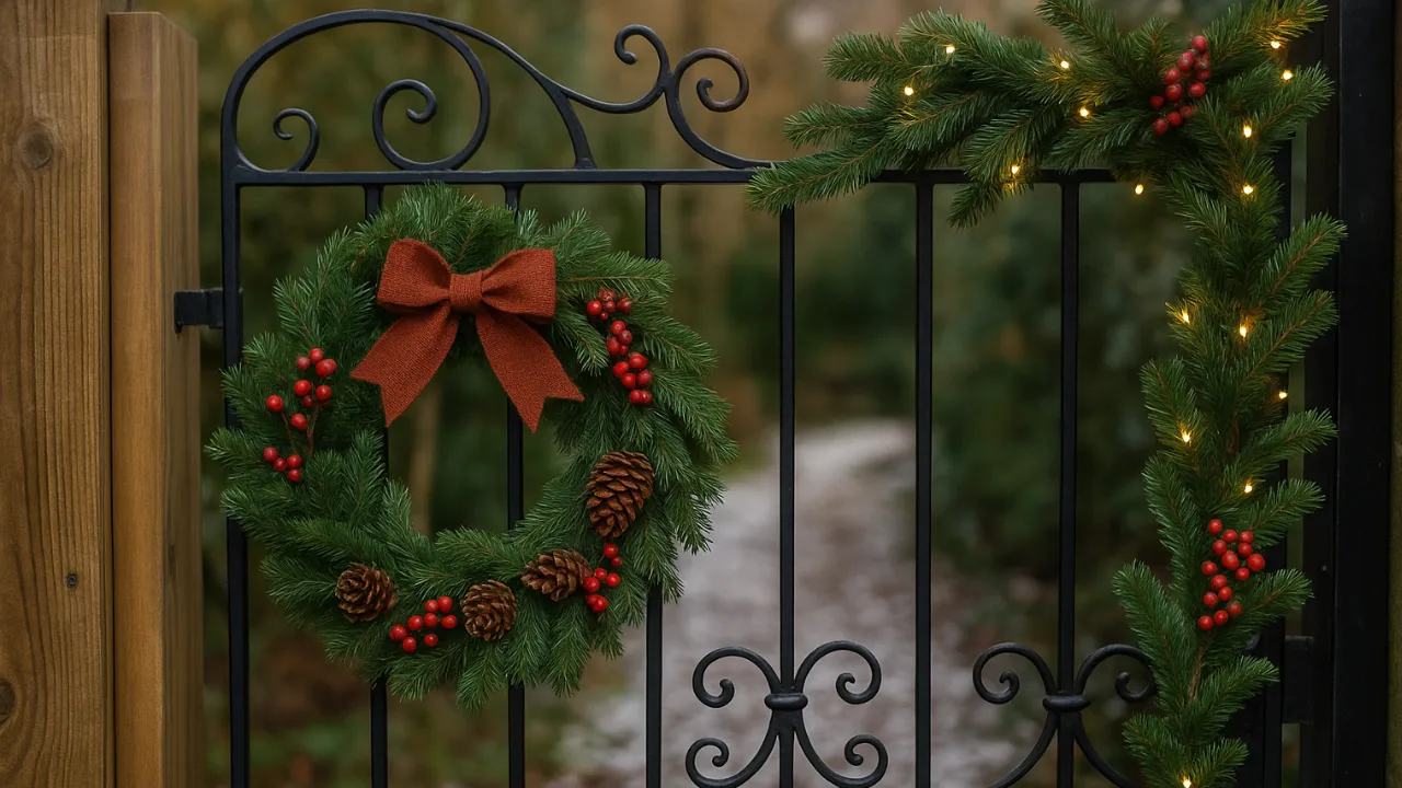 Weihnachtsdeko am Gartentor mit Kranz, Zweigen und Lichterkette im Wintergarten