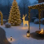 Beleuchteter Garten mit Weihnachtsbaum, Lichterbogen und Feuerstelle im Schnee