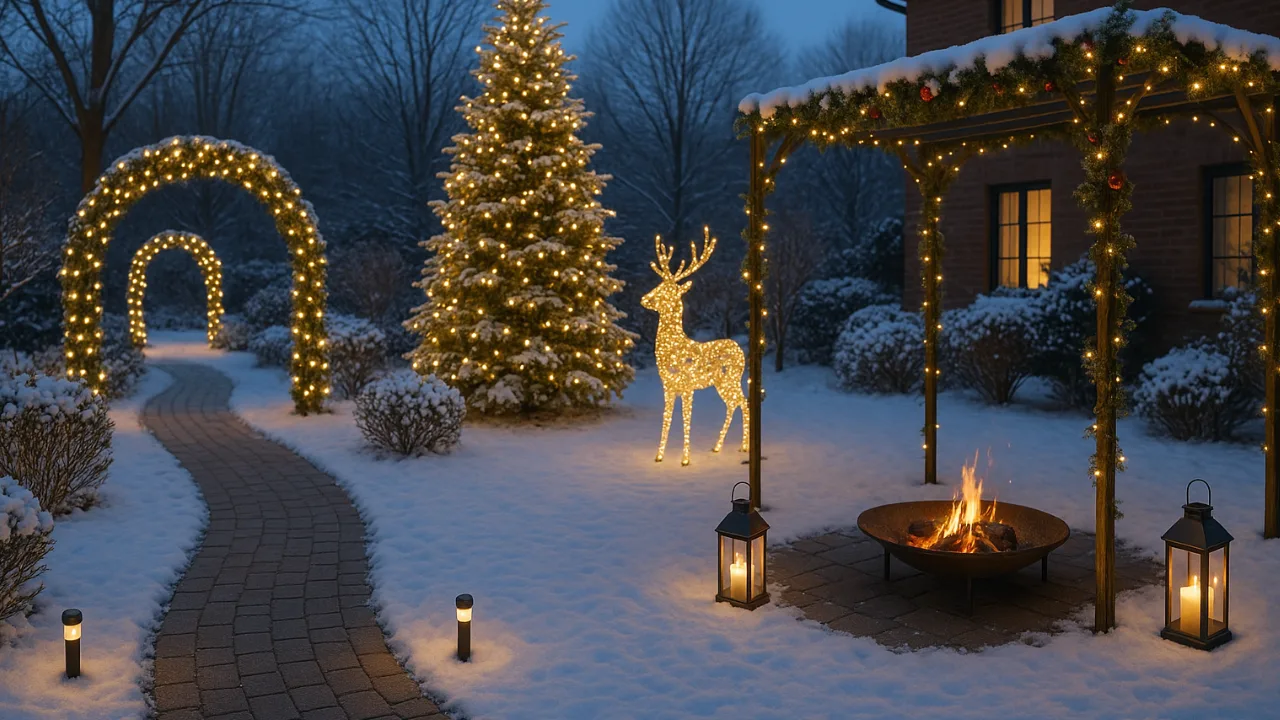 Beleuchteter Garten mit Weihnachtsbaum, Lichterbogen und Feuerstelle im Schnee
