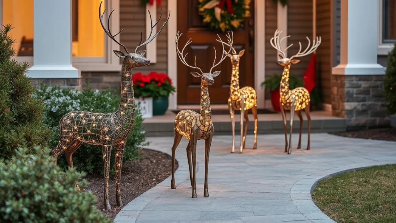 Weihnachtsdeko für den Hauseingang – 5 schöne und einladende Ideen Leuchtende Hirschfiguren als Weihnachtsdeko am Hauseingang vor der Haustür