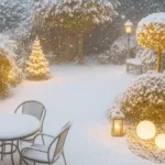Kleiner Garten mit Schnee, Weihnachtsbeleuchtung, Laternen und Mini-Weihnachtsbaum im Winter
