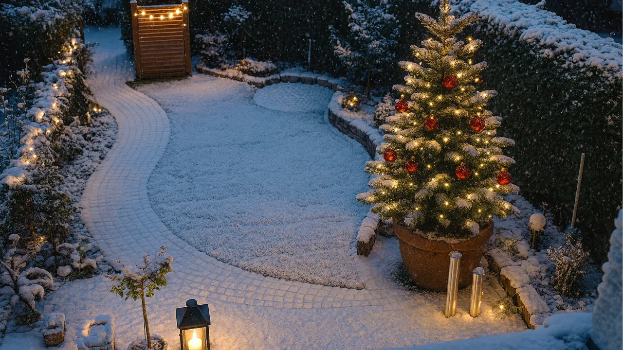 Festlich geschmückter Reihenhausgarten im Winter mit Schnee, Lichterketten und Weihnachtsbaum