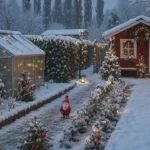 Verschneiter Schrebergarten mit Lichterketten, Weihnachtsdeko und festlichem Gartenhaus