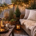 Winterdeko auf dem Balkon mit Lichterketten, Kissen, Tannenzweigen und Laternen