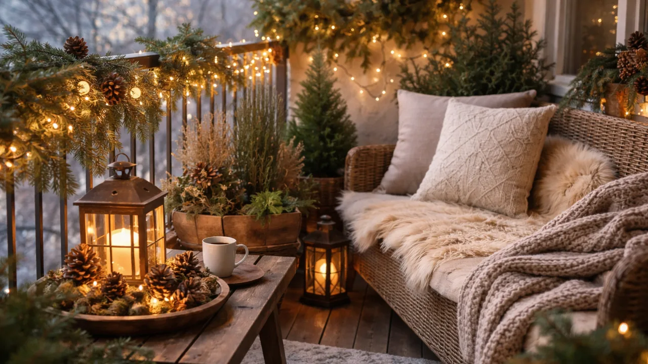 Winterdeko auf dem Balkon mit Lichterketten, Kissen, Tannenzweigen und Laternen