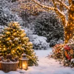 Winterdeko im Garten mit Lichterketten, Zapfen und Schnee an Bäumen und Sträuchern