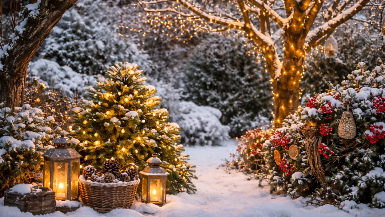 Winterdeko im Garten mit Lichterketten, Zapfen und Schnee an Bäumen und Sträuchern