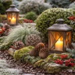 Winterdeko im Beet mit Laternen, Zapfen, Moos und immergrünen Pflanzen