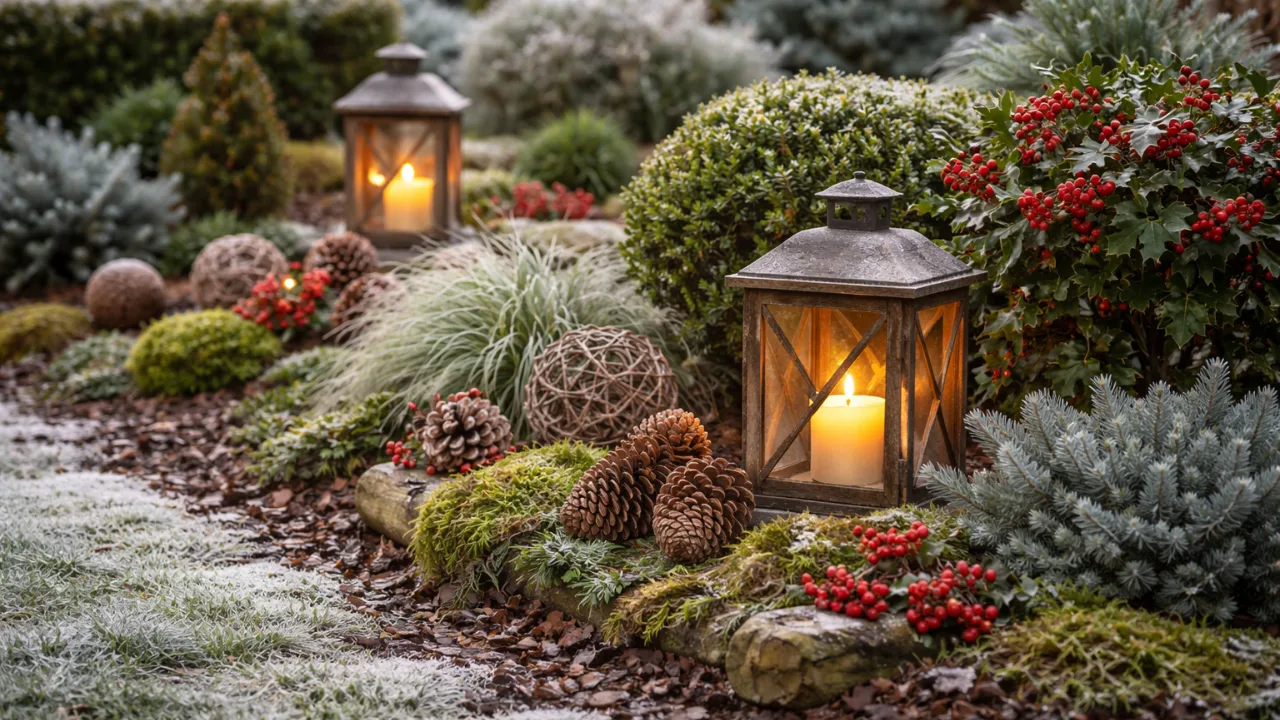 Winterdeko im Beet mit Laternen, Zapfen, Moos und immergrünen Pflanzen