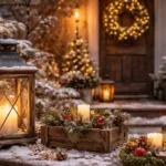 Winterdeko draußen mit Laternen, Tannenzweigen und Kerzen im verschneiten Garten