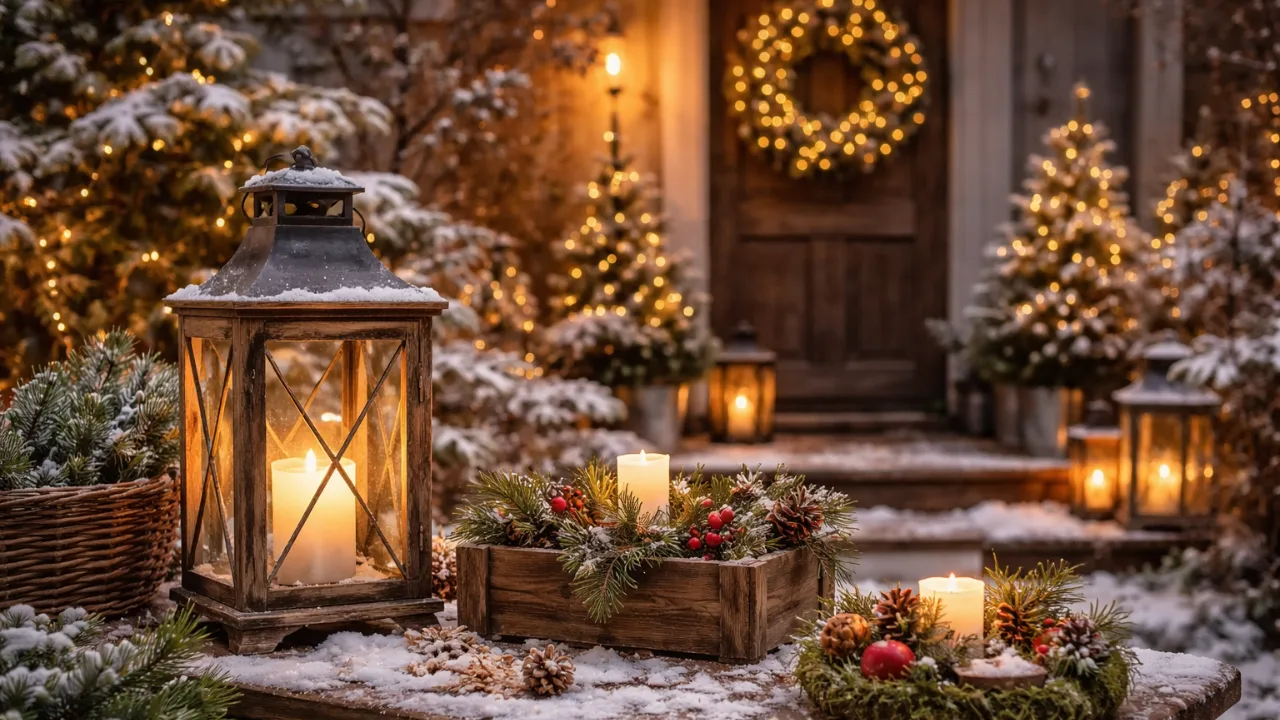 Winterdeko draußen mit Laternen, Tannenzweigen und Kerzen im verschneiten Garten