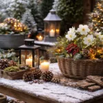 Winterlich dekorierter Garten mit Lichtern, Tannenzweigen und Pflanzschale auf Holztisch