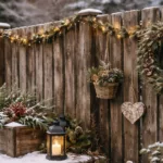 Dezent geschmückter Gartenzaun im Winter mit Lichterkette, Kranz und Schnee