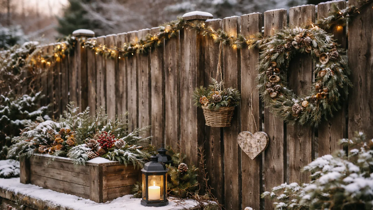 Dezent geschmückter Gartenzaun im Winter mit Lichterkette, Kranz und Schnee