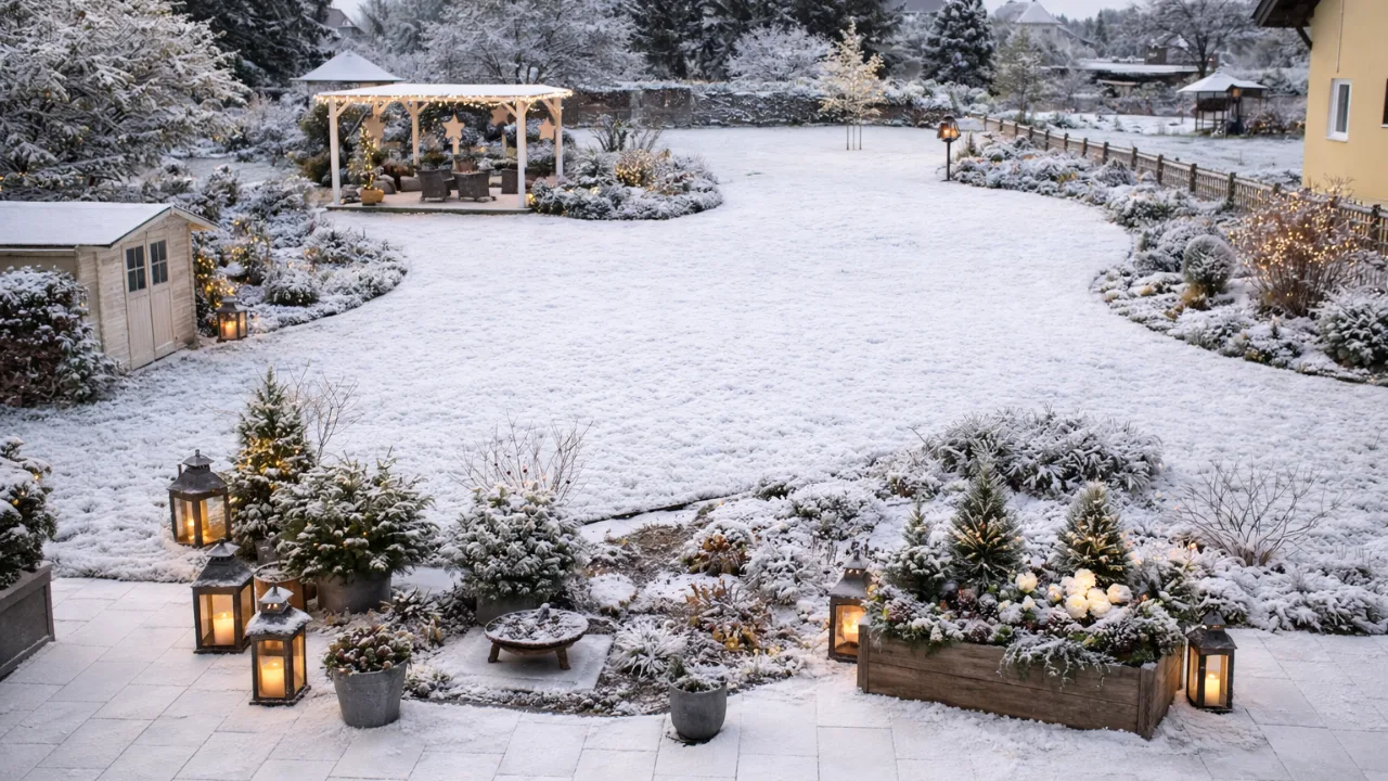 Winterlicher Garten mit Schnee, Laternen und Deko – große Fläche ruhig gestaltet