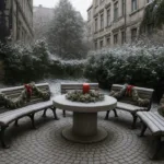 Verschneiter Hinterhof mit Winterdeko, Girlanden und roter Kerze auf Rundtisch