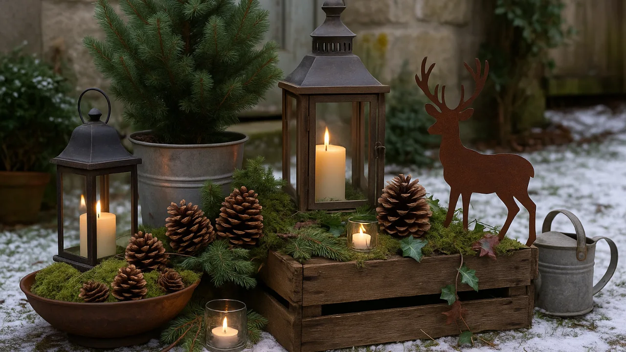 Winterdeko im Hof mit Laternen, Tannenzapfen, Moos und Metallhirsch