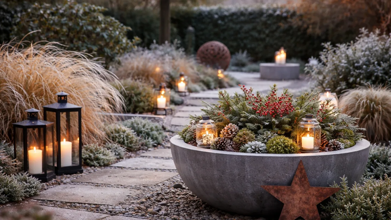 Moderner Garten im Winter mit schlichter, natürlicher Deko und warmem Licht