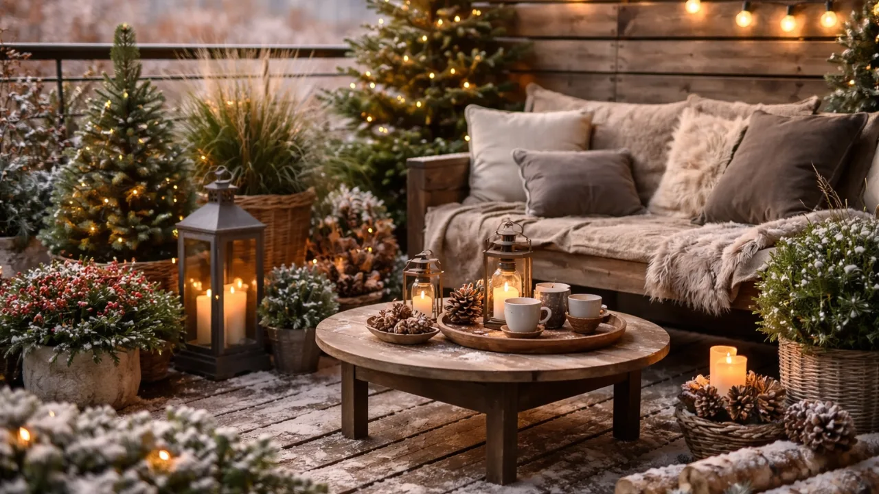 Winterdeko Terrasse mit Lichterketten, Tannengrün und Laternen im natürlichen Stil